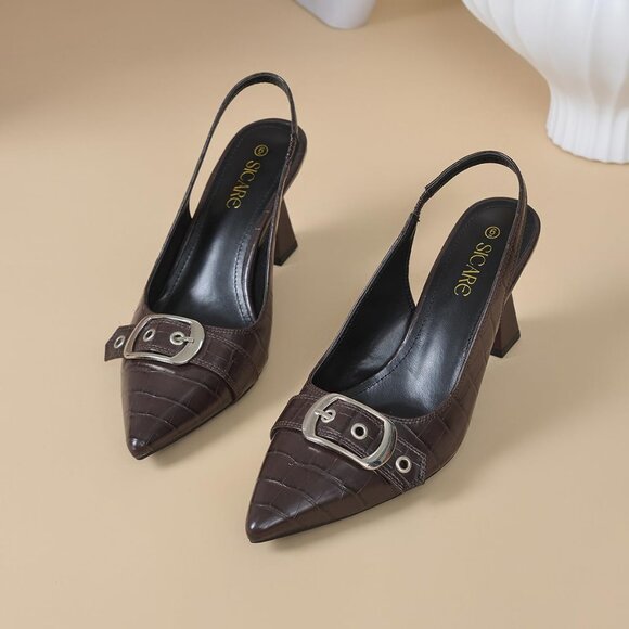 Burgundy Women Slingback Kitten Heels Pointed Toe Pumps Shoes with Buckle Strap - Picture 7 of 8